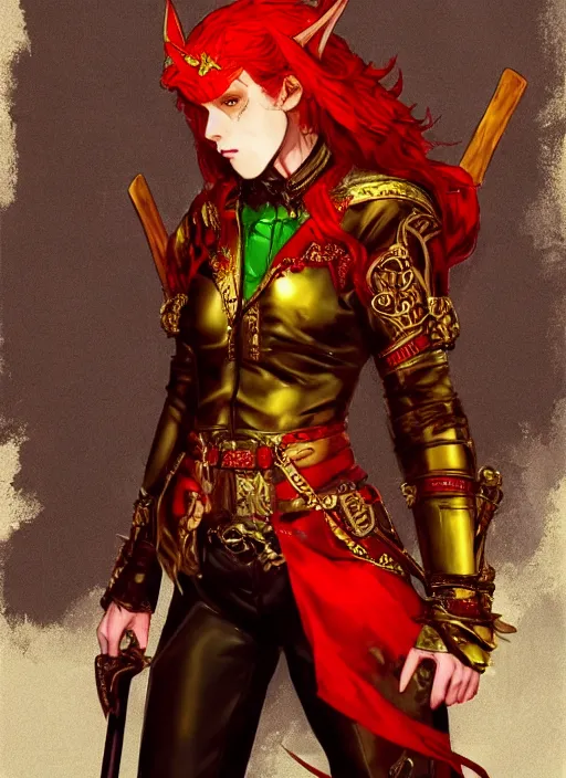 Image similar to Full body portrait of a handsome young red haired elven princess warrior wearing red, green and gold ornate leather jacket, golden tiara and an axe. In style of Yoji Shinkawa and Hyung-tae Kim, trending on ArtStation, dark fantasy, great composition, concept art, highly detailed.