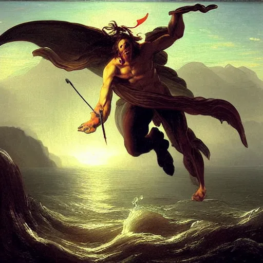 Prompt: portrait of proud and screaming Poseidon rising from the ocean, ready to fight with trident, fantasy art, by Thomas Cole, dark colors, sinister atmosphere