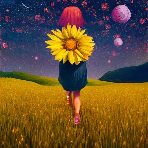 Image similar to giant daisy flower as a head, girl walking in wheat field, hills, surreal photography, moon light, dark night, star trails, dramatic light, impressionist painting, clouds, digital painting, artstation, simon stalenhag