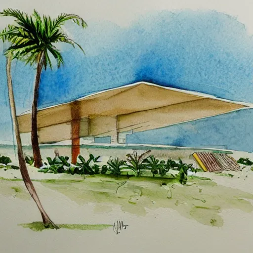 Image similar to watercolor sketch of organic rectangular architecture concept, sea, renzo piano, sketche, villa, people, beach, artistic, ecology, green.