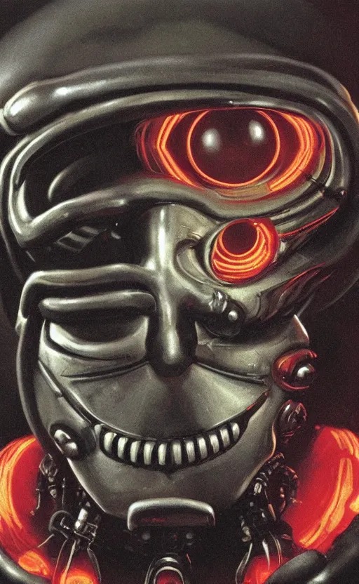 Prompt: a neoclassicist close - up portrait of a big - eyed mf doom reptile eyes cyberdroid, with bug eyes cloaked in metal with glowing bubbles, reflective alien technology, foggy black background with dark puffy glowing clouds. highly detailed science fiction painting by norman rockwell, frank frazetta, syd mead and moebius. rich colors, high contrast, gloomy atmosphere, dark background.