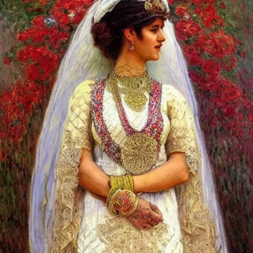 Image similar to full body portrait of a beautiful Kurdish bride wearing a beautiful wedding dress, very detailed eyes, hyperrealistic, beautiful and symmetrical face, very detailed painting by Claude Monet and Alphonse Mucha, trending on artstation, extremely high detail, incredibly intricate