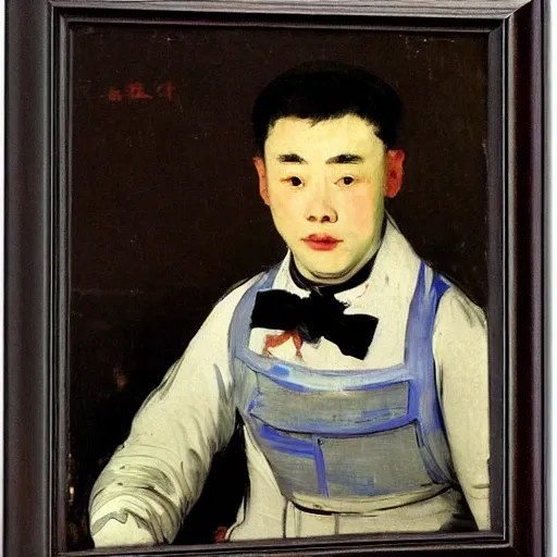 Image similar to portrait of a male chinese android bartender by edouard manet