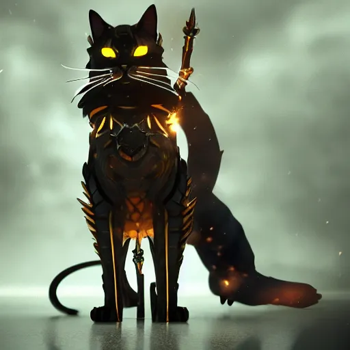 Image similar to a cat as a final boss, artstation hq, dark phantasy, stylized, symmetry, modeled lighting, detailed, expressive, created by hidetaka miyazaki, dark souls 3 screenshot