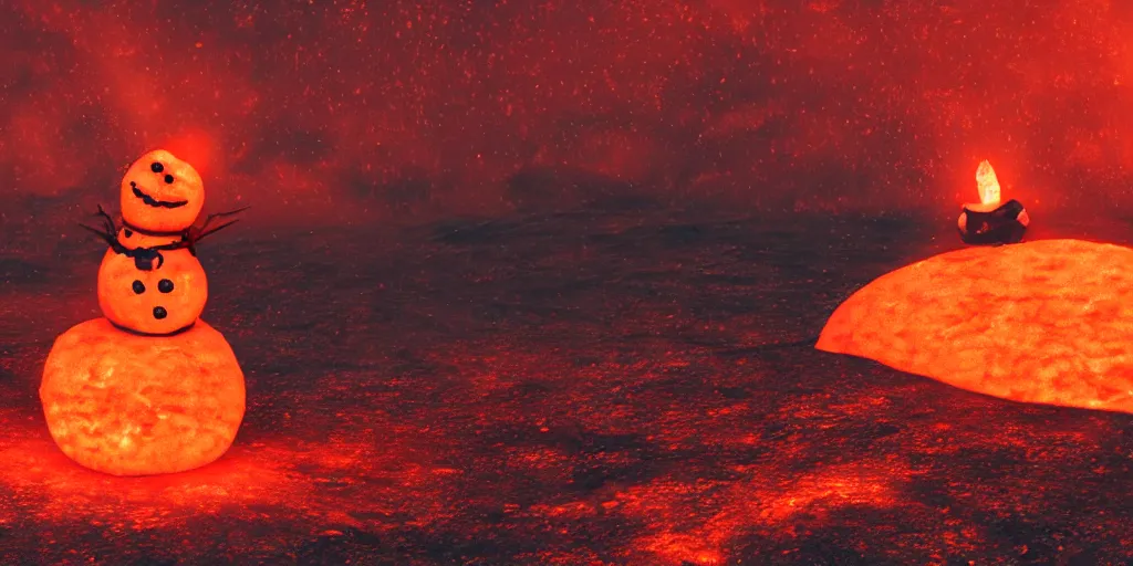 Image similar to a snowman melting on top of the sun. the ground is made of fire and lava and is glowing orange. cinematic, dramatic, epic, volumetric lighting, atmospheric, red, orange extremely coherent, 8 k, space, warm, blade runner 2 0 4 9