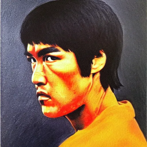 Image similar to bruce lee painted in the style of the mona lisa