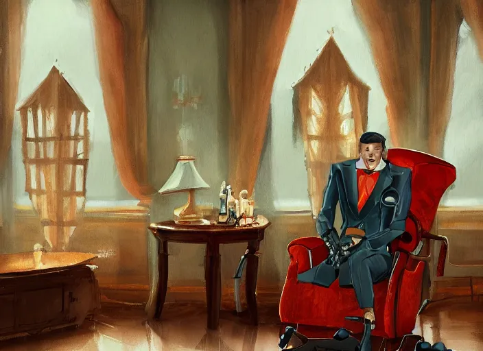 Prompt: robot in a smoking jacket sitting in an armchair as a human peasant begs, highly detailed, digital art, artstation, mansion background, wide angle, painting, human peasant