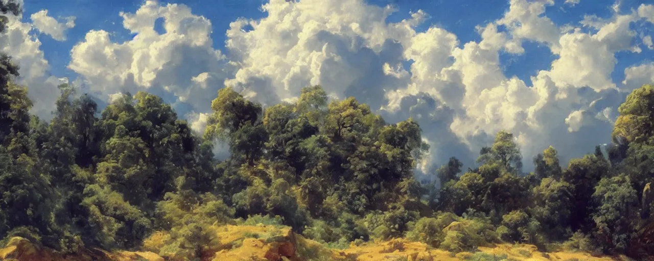 Image similar to disney illustrated background of blue sky huge clouds by eugene von guerard, ivan shishkin, john singer sargent