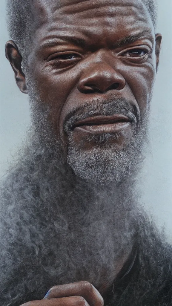 Image similar to portrait of samuel jackson, by alan lee, intricate, smoke trails, lord of the rings calendar, smooth, detailed terrain, oil painting