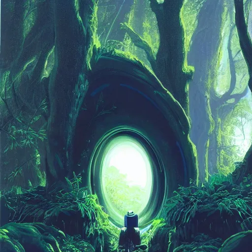 Image similar to portal in a middle of a lush futuristic forest, alien world seen through a portal, person in a cloak standing in front of a portal, syd mead, john harris