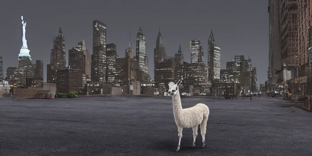 Image similar to a llama walking through a desolate manhattan city street at night, statue of liberty seen in the background, realistic 4 k octane beautifully detailed render, 4 k post - processing, highly detailed, detailed face, intricate complexity, epic composition, magical atmosphere, cinematic lighting, masterpiece, ultra hd