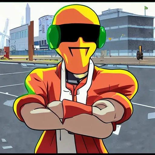 Image similar to the mayo man, angular sharp pointy humanoid blob of mayonnaise, angry eyes, shaded out eyes, 2 0 0 1 anime, flcl, jet set radio future, golden hour, japanese town, concentrated buildings, japanese neighborhood, construction site, cel - shaded, strong shadows, vivid hues, y 2 k aesthetic