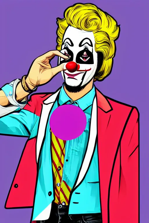 Image similar to detailed display twitter guy wearing an blouses with clown mask. pop art, gta vice city art style, face and body features, ultra realistic details, digital art, concept art, smooth art, sharp focus, illustration, intecrate details, elegant, confident posse, art by mark millar and richard hamilton and mimmo rottela