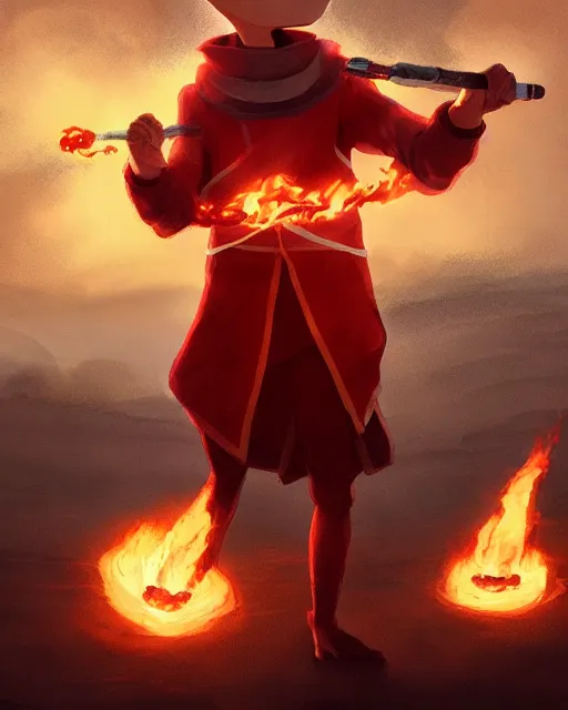 Image similar to squidward wearing fire nation clothing and practicing firebending outside at susnset, [ greg rutkowski ]