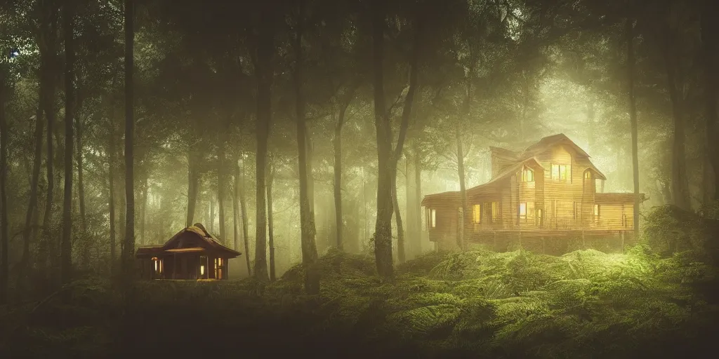 Image similar to an exquisite wooden house in a lush forest, architectural photography, dark and dim lighting, beautiful, tranquil, moody, cinematic, fantasy, 3 5 mm lens, volumetric lighting, first person view, photographic render, hyper realistic