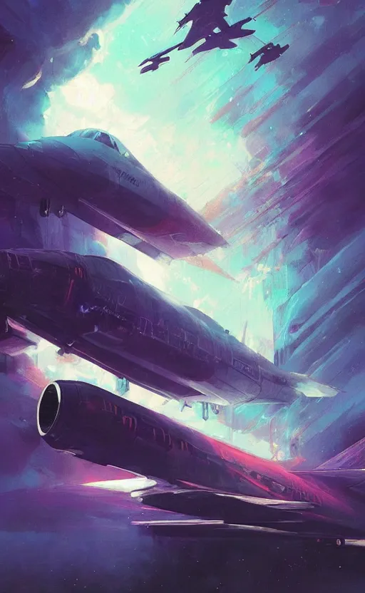 Prompt: a beautiful artwork illustration, concept art sketch of a cyberpunk airplane in a galactic nebula at sunset, volumetric fog, godrays, high contrast, high contrast, high contrast, vibrant colors, vivid colors, high saturation, by Greg Rutkowski and Jesper Ejsing and Raymond Swanland and alena aenami, featured on artstation, wide angle, vertical orientation