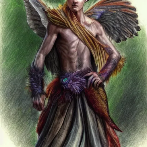 Image similar to hyper realistic color pencil drawing of a young male fairy druid with hawk wings, D&D character Art, detailed, rim light, diffused, intricate