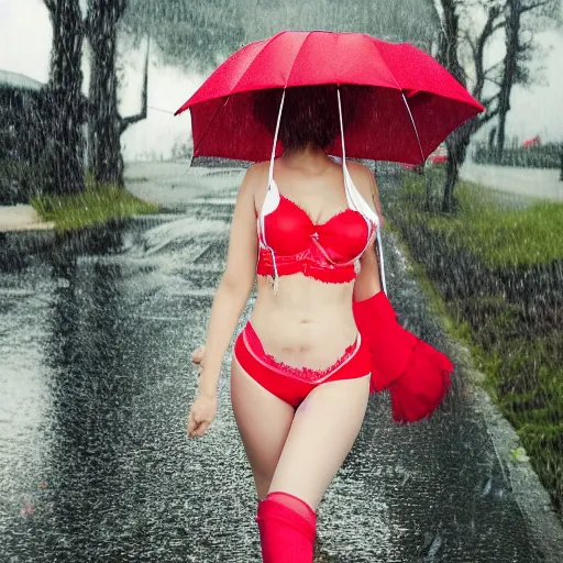 prompthunt: anime girl walks in lingerie and pantyhose in the rain with an  umbrella, red curly hair in pigtails with an elastic band, rain, full HD, 8k