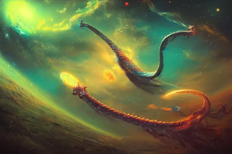 Image similar to “A beautiful ultradetailed painting of the galaxy, nebula in universe, chinese dragons fighting, scales made of jade, light effect, very detailed, by beeple, Makoto Shinkai, 4k, Trending on artstation, ultrawide lens”