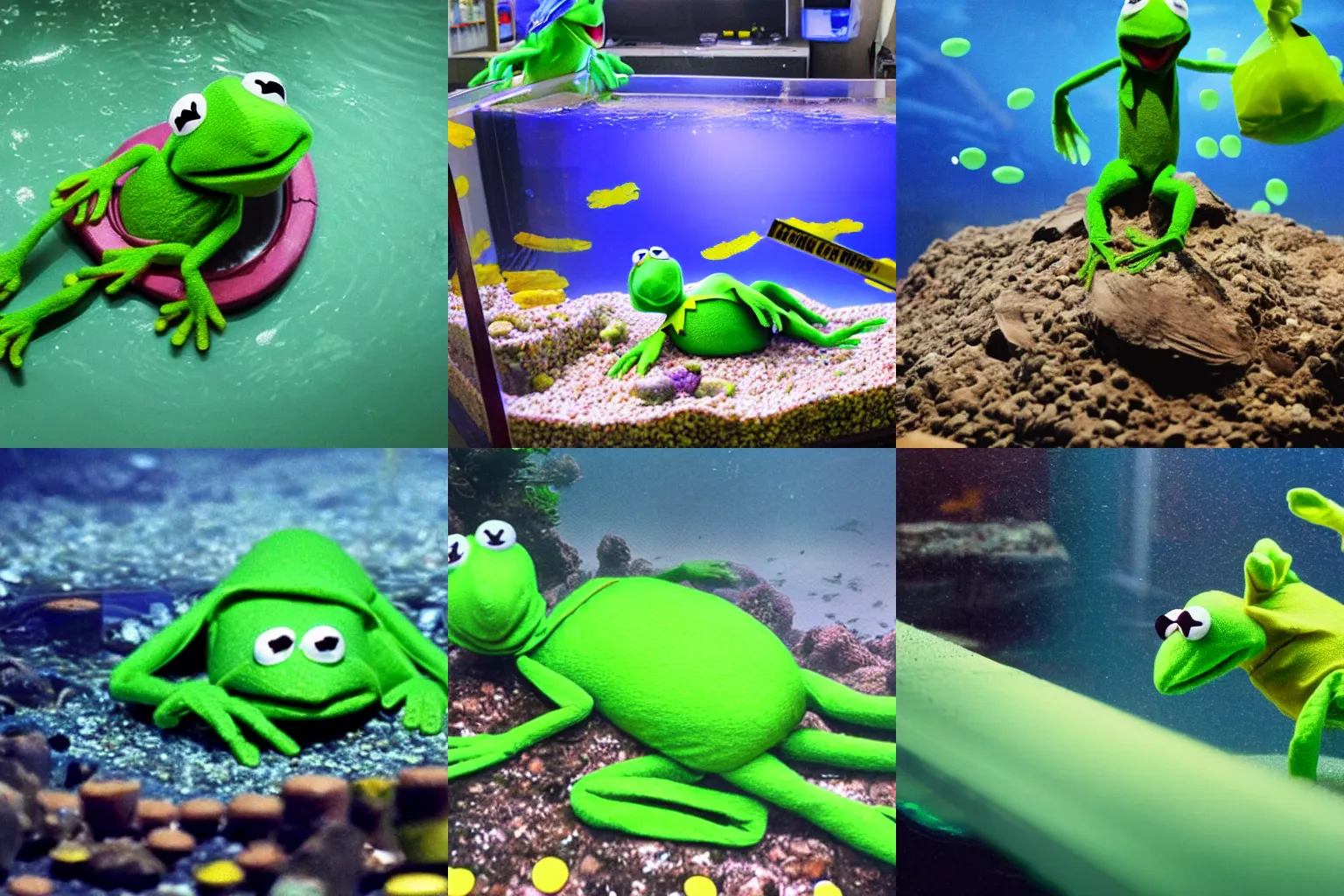 Prompt: crime scene evidence photograph of Kermit the Frog's body floating in a giant aquarium