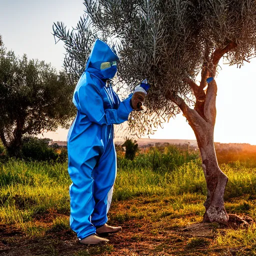 Prompt: a chimpanzee dressed in a chemical protection suit is injecting a olive tree with blue liquid, syringes, toxic, monkey face, scientific field trial, in puglia italy, sunset, beautiful lighting, chemical equipment, photograph, canon eos, f 8, iso 4 0 0, photography