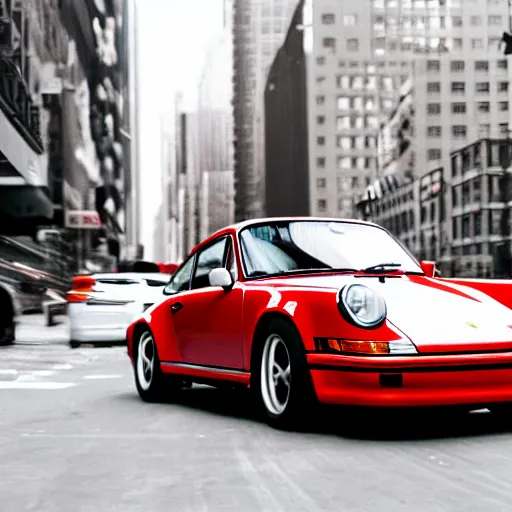 Prompt: photo of a porsche 9 1 1 9 6 4 speeding through nyc, cinematic, motion blur