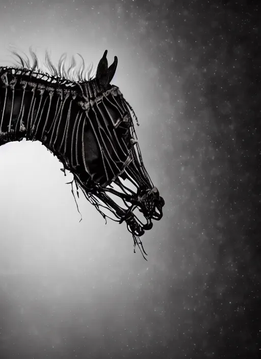 Image similar to skeleton of a horse in a dark veil, dark and mysterious, stopped in time, atmospheric, ominous, eerie, cinematic, epic, 8 k, 4 k, ultra detail, ultra realistic