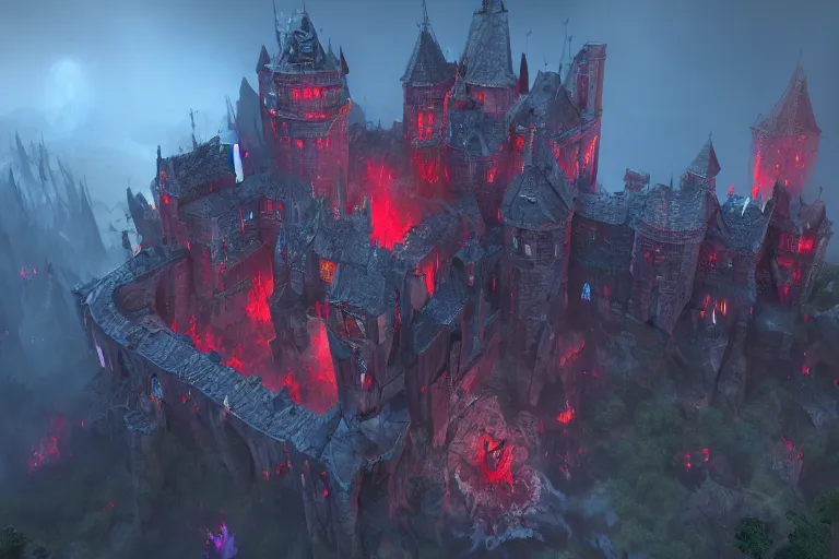 Image similar to big evil castle - city rock dark shadow elves, might and magic heroes vii, dark fantasy, shadows, artstation trending, unreal engine 5, red