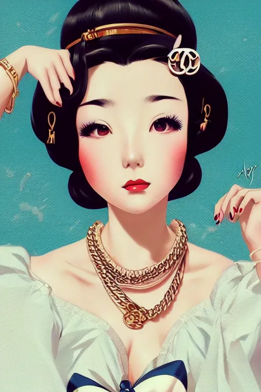 Prompt: a vintage pin up and beautiful fashion dreamlke japan girl with lv jewelry, character art, art by artgerm and wlop and and ilya kuvshinov, hyperdetailed, 8 k realistic, symmetrical,, frostbite 3 engine, cryengine, dof, trending on artstation, digital art, chanel, dior, fantasy background