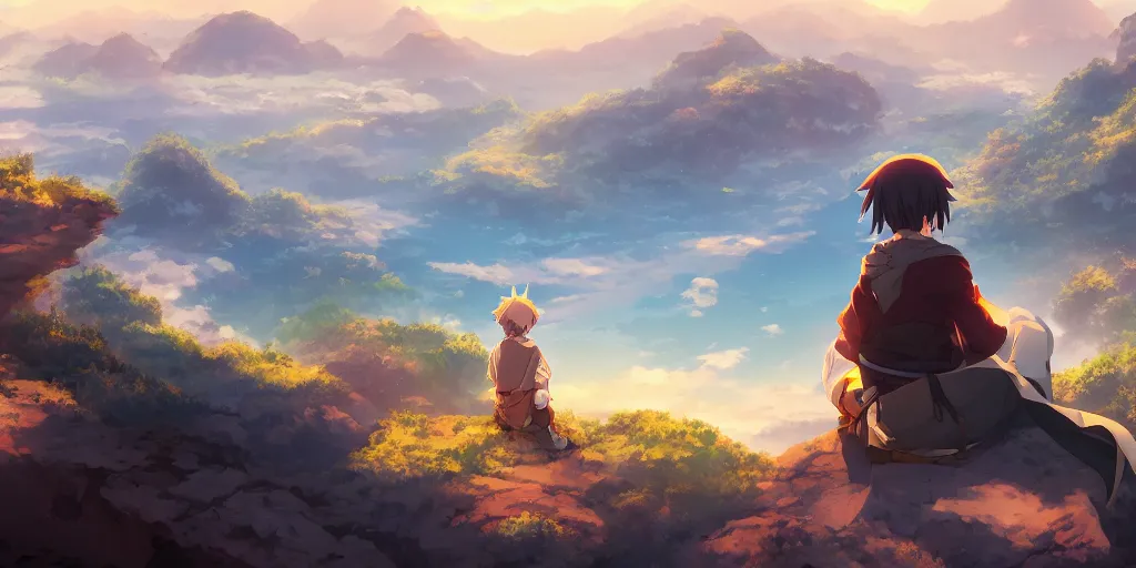 Prompt: isekai masterpiece anime boy sitting on a rock off to the side looking down upon fantasy floating sky town, during dawn, cinematic, very warm colors, intense shadows, anime illustration, rapid mountains, anime screenshot composite background