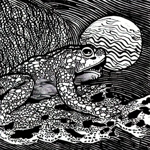 Image similar to deep camouflage angry toad evil eyes poking out eyes from under the water ultra sharp blur background simple background psychedelic contour ink drawing gustave dore katshushika Hokusai big eyes