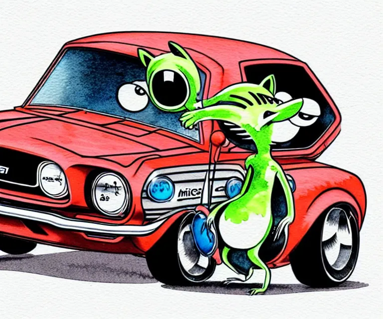 Prompt: cute and funny, racoon wearing a helmet riding in a tiny 1 9 6 7 ford mustang shelby, ratfink style by ed roth, centered award winning watercolor pen illustration, isometric illustration by chihiro iwasaki, edited by range murata