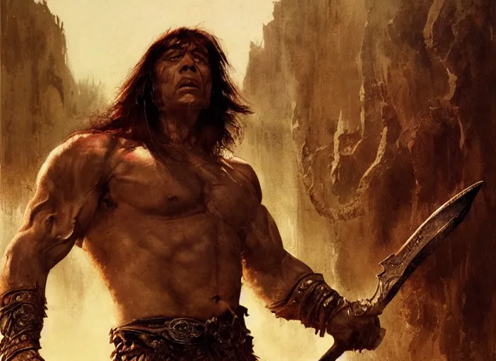 Image similar to conan the barbarian, intricate, elegant, highly detailed, vivid colors, john park, frazetta, sparth, ruan jia, jeffrey catherine jones