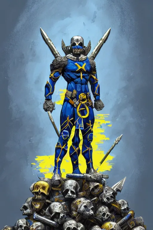 Image similar to a distant shot of one!!!!! single super soldier with blue and yellow flag and a trident symbol standing alone on a huge pile of skulls as a winner, masculine figure, D&D, fantasy, intricate, elegant, highly detailed, extremely detailed, digital painting, artstation, concept art, matte, smooth, sharp focus, illustration, art by Artgerm and Greg Rutkowski and Alphonse Mucha