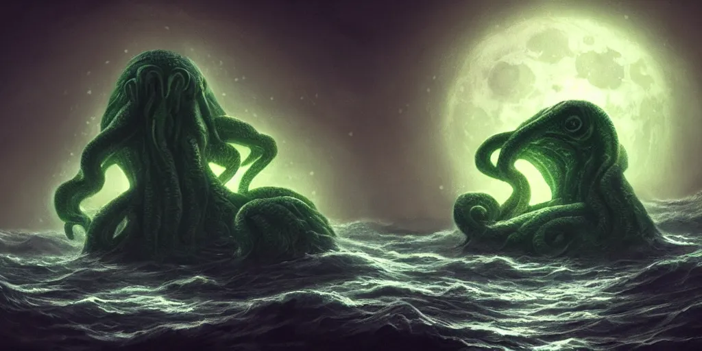 Image similar to a cthulhu in an ocean lit only by the light reflected off the moon, digital painting, artstation, dark, fog