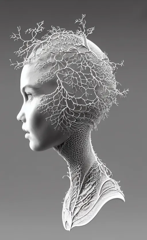 Image similar to complex 3d render of a beautiful porcelain profile woman face, vegetal dragon cyborg, 150 mm, beautiful natural soft light, rim light, silver details, magnolia leaves and stems, roots, fine lace, maze like, mandelbot fractal, anatomical, facial muscles, cable wires, microchip, elegant, highly detailed, white metallic armour, octane render, black and white, H.R. Giger style