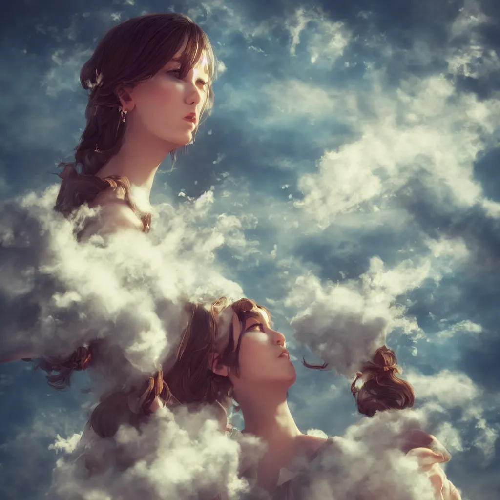 Prompt: beautiful girl in full gown blowing clouds, portrait character concept style trending on artstation concept art detailed octane render cinematic photo - realistic 8 k high detailed