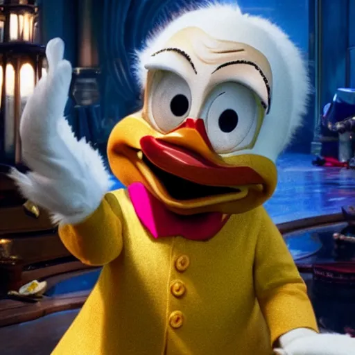 Image similar to hyperrealistic cgi Scrooge McDuck from Ducktales live-action movie still 8k hdr amazing lighting