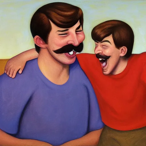 Image similar to long shot of a man with brown hair and mustache laughing with a short brown hair boy with red shirt by pj crook, edward hopper, oil on canvas