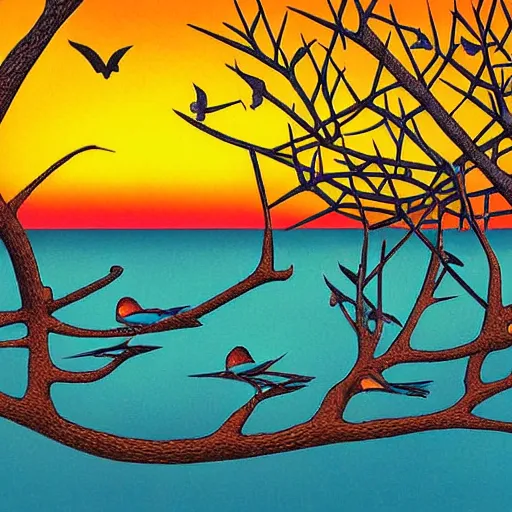 Image similar to birds on cherry tree, Changelingcore, serene, graceful, sunset photo at golden hour, Kodachrome, digital painting by M. C. Escher