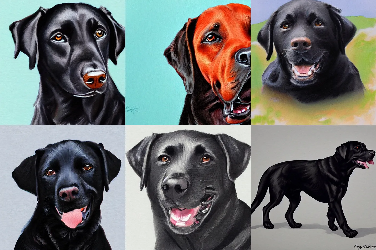 Prompt: happy black labrador retriever, realistic painting style, concept art