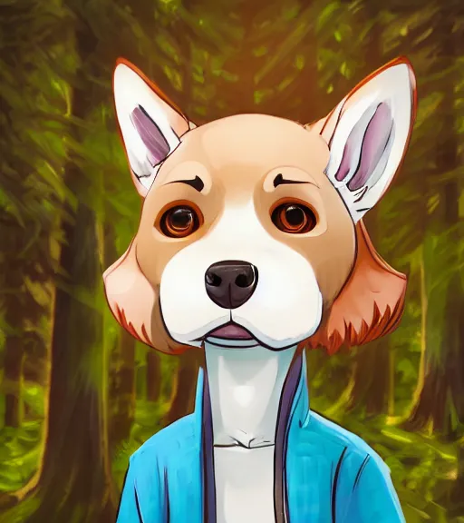 Prompt: close up character portrait icon of the anthro anthropomorphic very cute jindo dog trader head stylized animal person fursona wearing clothes standing in the bright forest, hidari, color page, tankoban, 4 k, tone mapping, akihiko yoshida