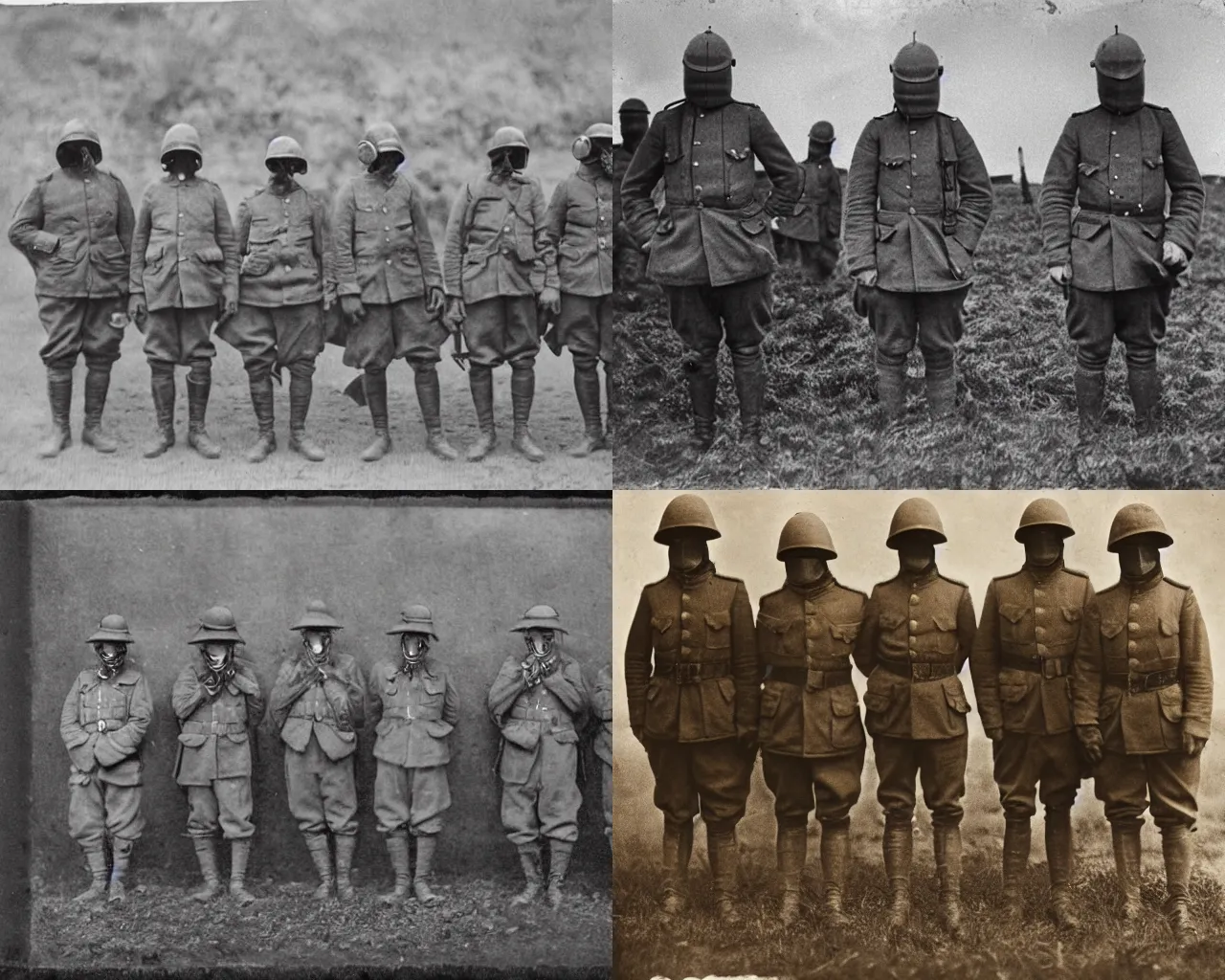 Prompt: WWI soldiers standing in a line wearing WWI gas masks, sepia, faded, blurry, blurry, blurry