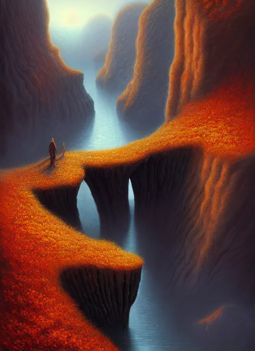 Image similar to autumn mornings in the low - poly cliffs of illusions, diffuse lighting, fantasy, intricate, surrealism!!!!, highly detailed, lifelike, photorealistic, digital painting, artstation, illustration, concept art, smooth, sharp focus, by greg rutkowski, chris tulloch mccabe, valentina remenar and asher duran,
