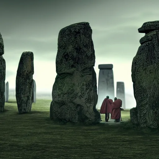 Image similar to highly detailed landscape with two monks praying with stonehenge in the background 1 9 8 0 s science fiction, 1 9 7 0 s science fiction, cyberpunk, moody, misty, depth perception, 4 k, artstation