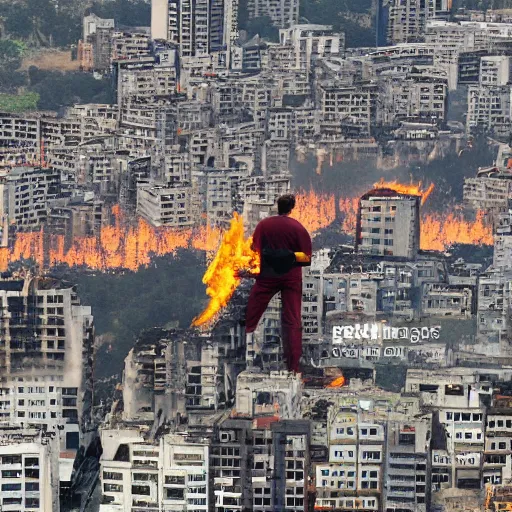 Image similar to a city is getting destroyed with fire and buildings are breaking a man from higher elevation looking at city detailed