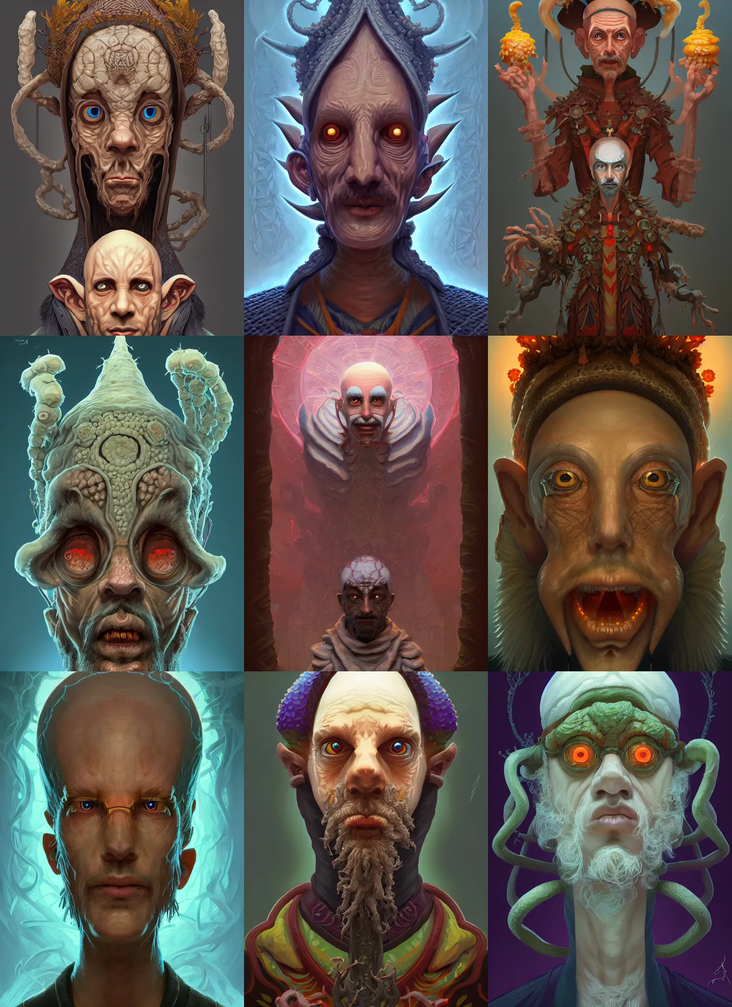 Prompt: symmetry!! rpg! portrait of a weird! fungus priest, intricate, highly detailed, digital painting, artstation, concept art, sharp focus, illustration, art by aaron jasinski and ivan albright and hsiao - ron cheng, 8 k