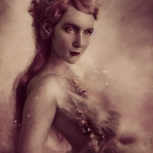 Image similar to full body pose, hyperrealistic vintage photograph of a adult fairy woman, dim volumetric lighting, 8 k, octane beautifully detailed render, extremely hyper detailed, intricate, epic composition, cinematic lighting, masterpiece, trending on artstation, very very detailed, stunning, hdr, smooth, sharp focus, high resolution, award, winning photo, dslr, 5 0 mm