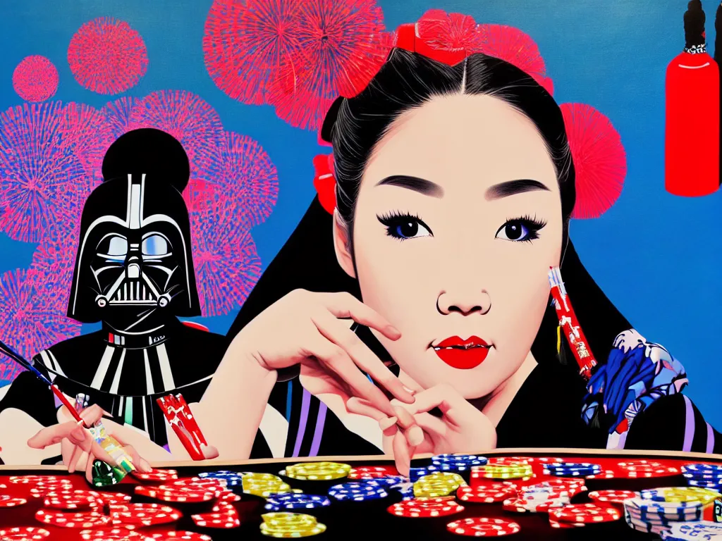 Image similar to hyperrealistic composition of the detailed woman in a japanese kimono sitting at a poker table with detailed darth vader, fireworks, beautiful mountain in the background, pop - art style, jacky tsai style, andy warhol style, acrylic on canvas