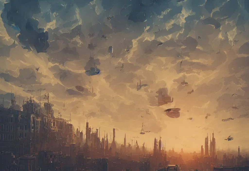 Image similar to flying city by alena aenami, zeppelin dock, city in the air, buildings are flying, mist below buildings, steampunk, digital art, 4 k, trending on artstation, impressive, epic composition, highly detailed, golden hour, no ground, cloud instead of ground